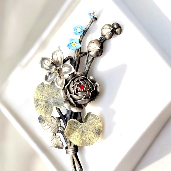 Antique Jewelry - Silver and gold Antique Victorian Floral Brooch with Blue enamel Flowers